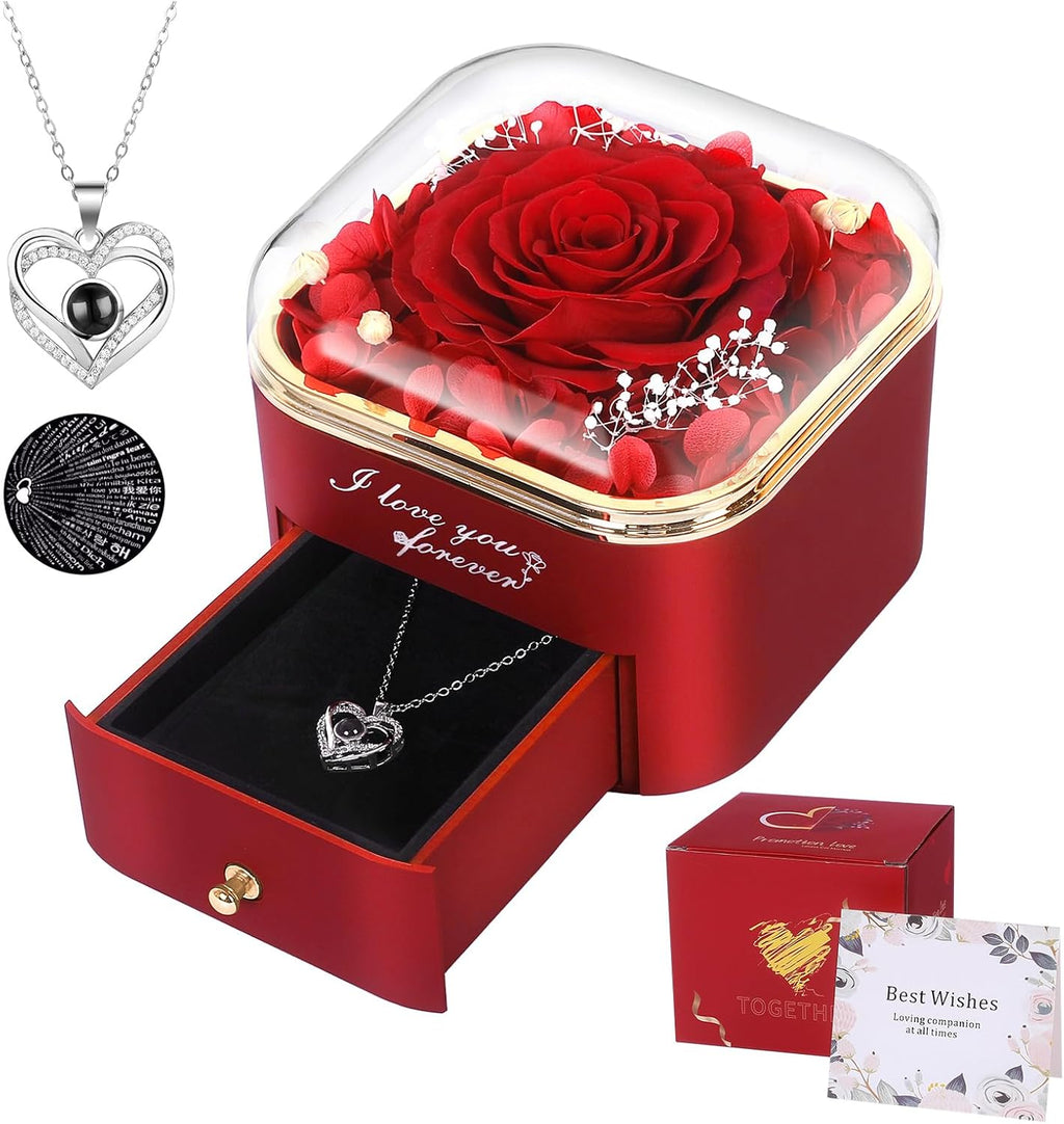 Preserved Red Real Rose with I Love You Necklace in 100 Languages-Eternal Flowers Rose Gifts for Women Mum Wife Girlfriend on Christmas Valentines Day Mothers Day Anniversary Birthday