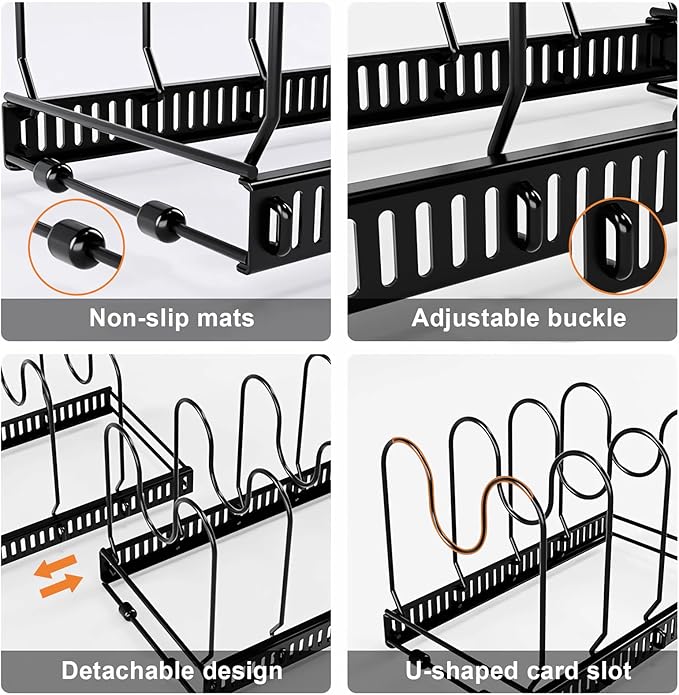 Expandable Pans Organiser Rack, Pan Lid Storage with 10 Adjustable Dividers, Pot Lid Holder, Kitchen Cupboard Organiser (Black) (Pack of 2)