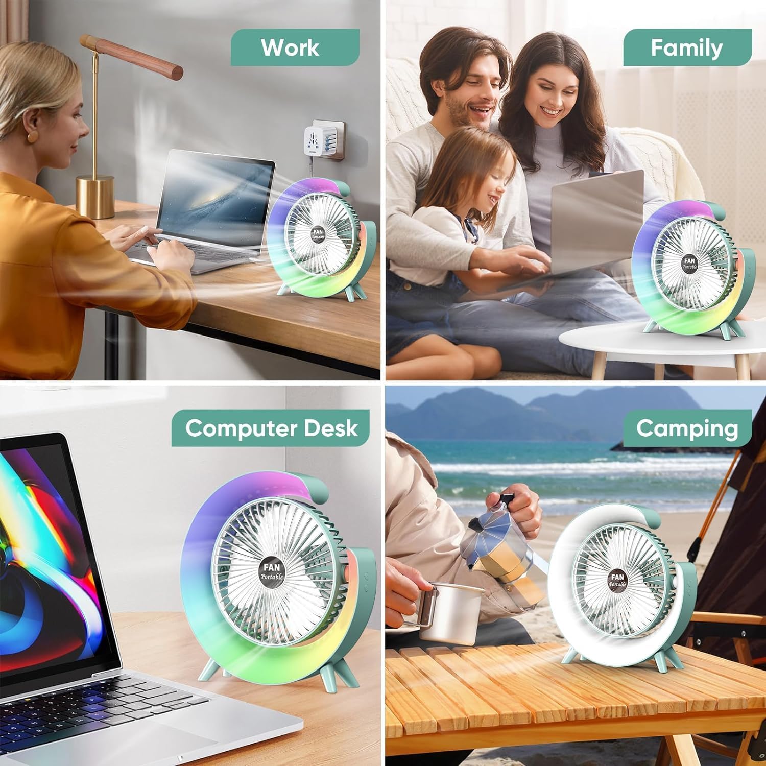 Desk Fan with LED Light, 3 Speeds 180°USB Rechargeable Portable Cooling Fan for Outdoor Camping in Bedroom Home Office