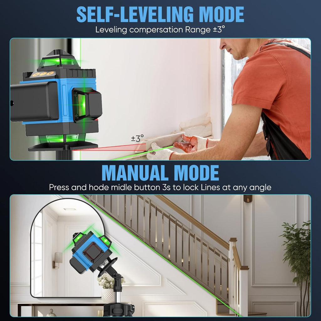 Laser Level with Tripod Self Leveling 4x360°, 4D 16 Lines Green Laser Level with 2 x 2400mAh Batteries, Adjustable Tripod, Swivel Base Remote Control Wall Bracket, IP54 Waterproof and Dustproof(Blue)