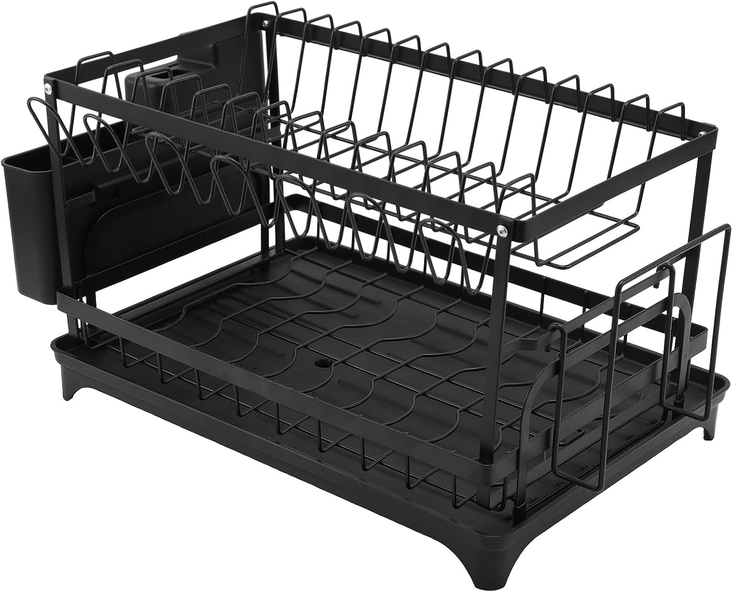 2 Tier Dish Drying Rack,Utensil Holder Kitchen Dish Organizer Shelf With Chopsticks And Chopping Board Holder,Over Sink Kitchen Counter Organizer For Plates Bowls And Cups Black