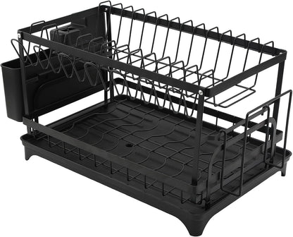 2 Tier Dish Drying Rack,Utensil Holder Kitchen Dish Organizer Shelf With Chopsticks And Chopping Board Holder,Over Sink Kitchen Counter Organizer For Plates Bowls And Cups Black