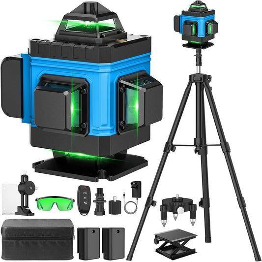 Laser Level with Tripod Self Leveling 4x360Â°, 4D 16 Lines Green Laser Level with 2 x 2400mAh Batteries, Adjustable Tripod, Swivel Base Remote Control Wall Bracket, IP54 Waterproof and Dustproof(Blue)