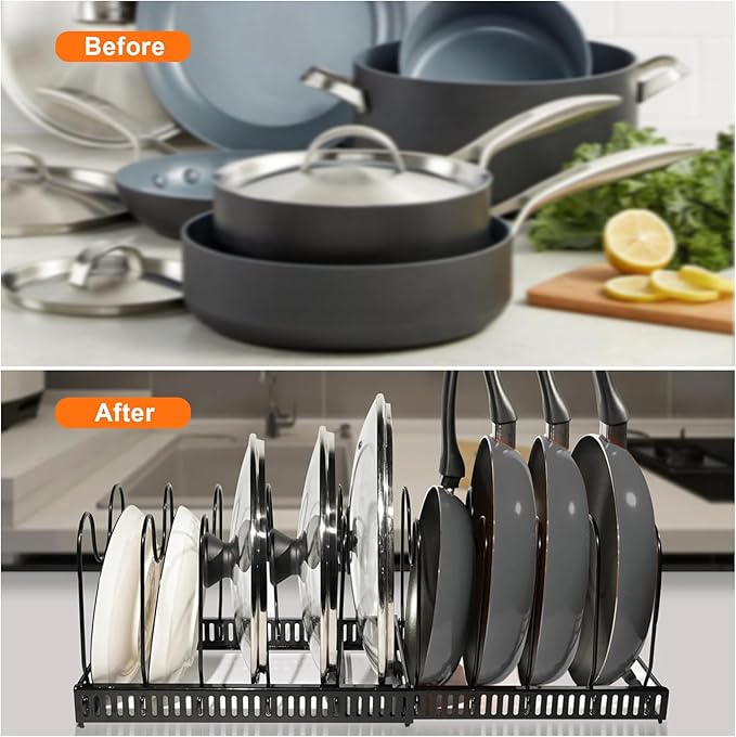 Expandable Pans Organiser Rack, Pan Lid Storage with 10 Adjustable Dividers, Pot Lid Holder, Kitchen Cupboard Organiser (Black) (Pack of 2)