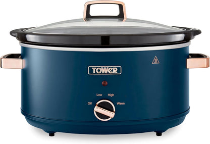 Tested Tower Cavaletto 6.5 Litre Slow Cooker with 3 Heat Settings, Removable Dishwasher Safe Pot, Cool Touch Handles, Up to 8 Portions, Midnight Blue and Rose Gold