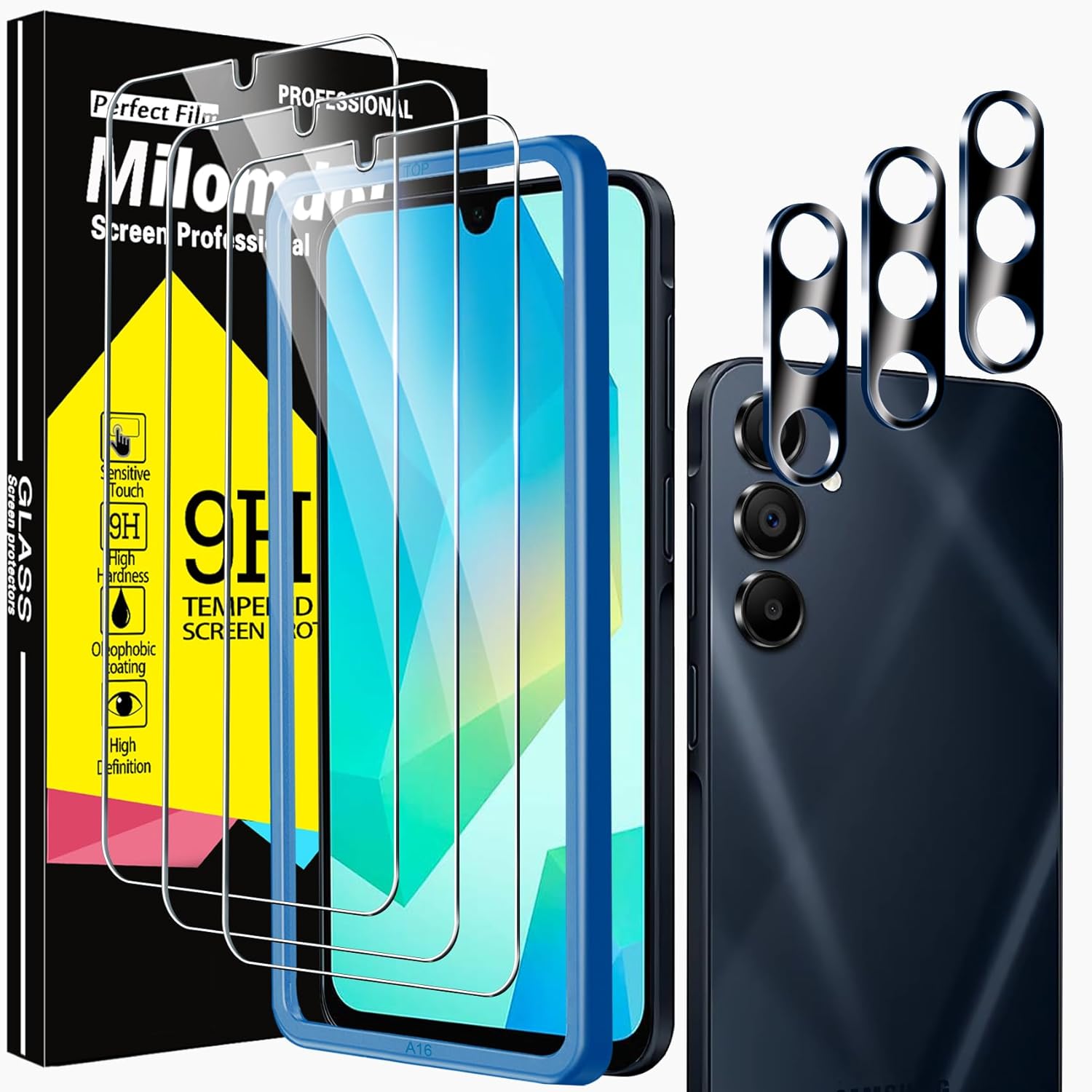 3 Pack Tempered Glass for Samsung Galaxy A16 5G Screen Protector with 3 Pack Camera Lens Protector Accessories, Case Friendly, Mounting Frame
