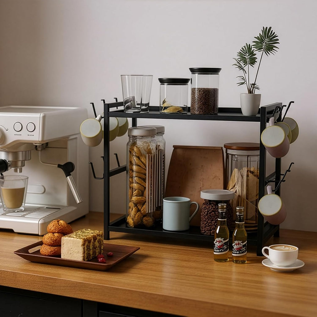 2 Tier Coffee Cup Holder Black 12 Hooks Coffee Bar Organiser Multi-functional Mug Holder Display Kitchen Stand Rack for Home Kitchen