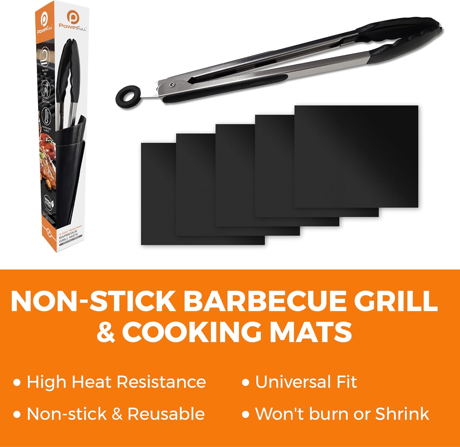 BBQ Grill Mat With Tongs - (5 Pack) Non-Stick Barbecue Grill & Cooking Mats for Grilling on Gas, Charcoal, Oven & Electric Grills