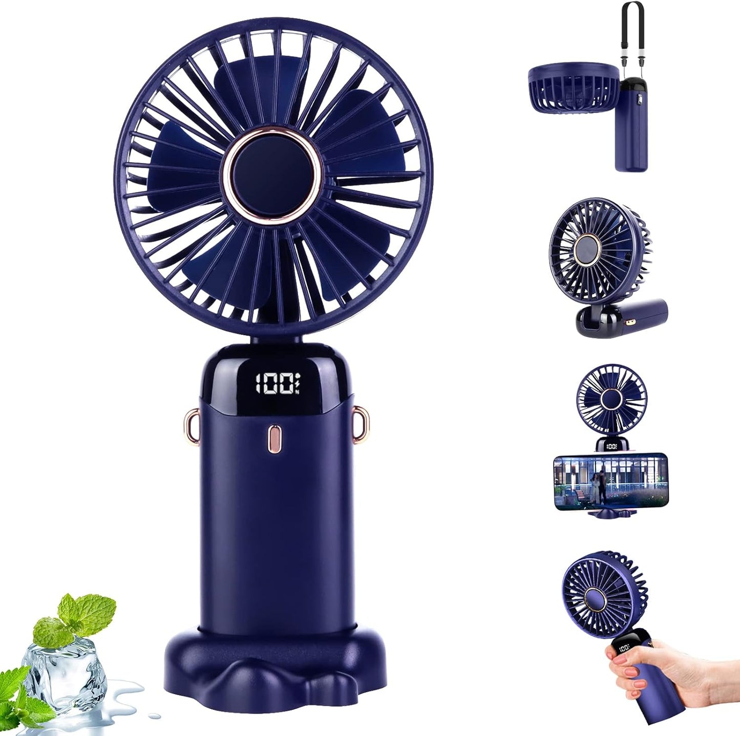 Hand Held Fan, Portable Fan Hand Fan Mini Fan USB Rechargeable Fans with 5 Speeds, 5000mAh Battery Operated Foldable Desk Desktop Fans for Office Bedroom Outdoor Travel