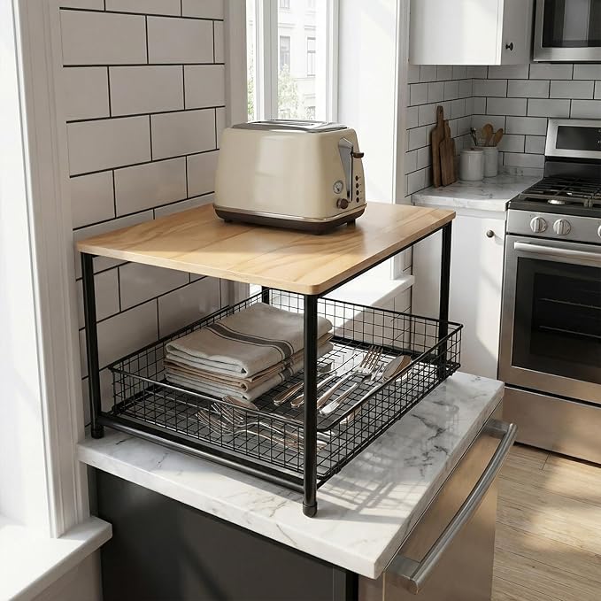 Microwave Stand Countertop with Metal - Kitchen Storage Shelf for Microwave Air Fryer Rice Cooker