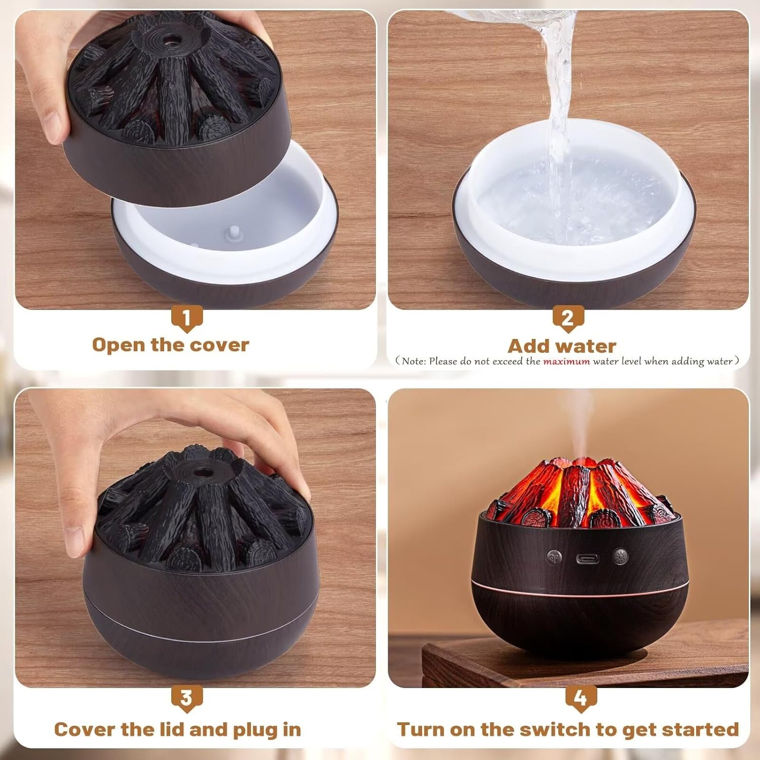 Campfire Flame Fire Diffuser, Bonfire Aromatherapy Essential Oil Diffuser, 300ml Wood Cool Mist Humidifier for Home,Bedroom,Office, Waterless Auto Off, Night Light, Gift