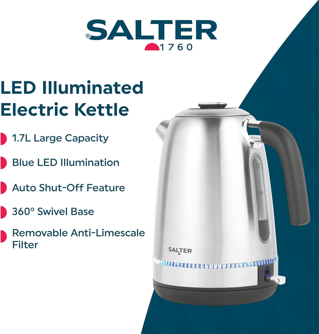 Salter Lumie LED Kettle - 1.7L Capacity, LED Blue Illumination When Boiling, Stainless Steel Kettle, Easy Fill, Removable Anti-Limescale Filter, 360° Swivel Base, Boil Dry Sensor, Auto-Shut Off, 3000W
