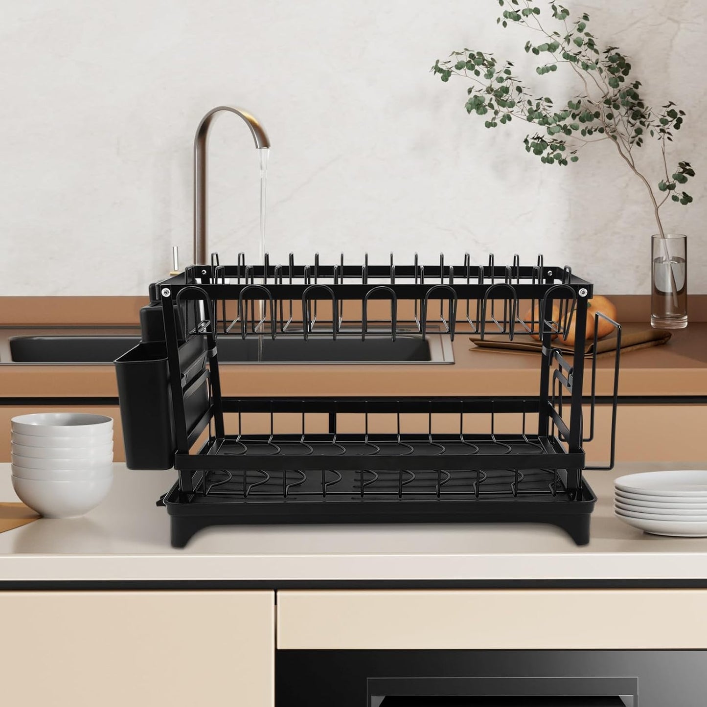 2 Tier Dish Drying Rack,Utensil Holder Kitchen Dish Organizer Shelf With Chopsticks And Chopping Board Holder,Over Sink Kitchen Counter Organizer For Plates Bowls And Cups Black