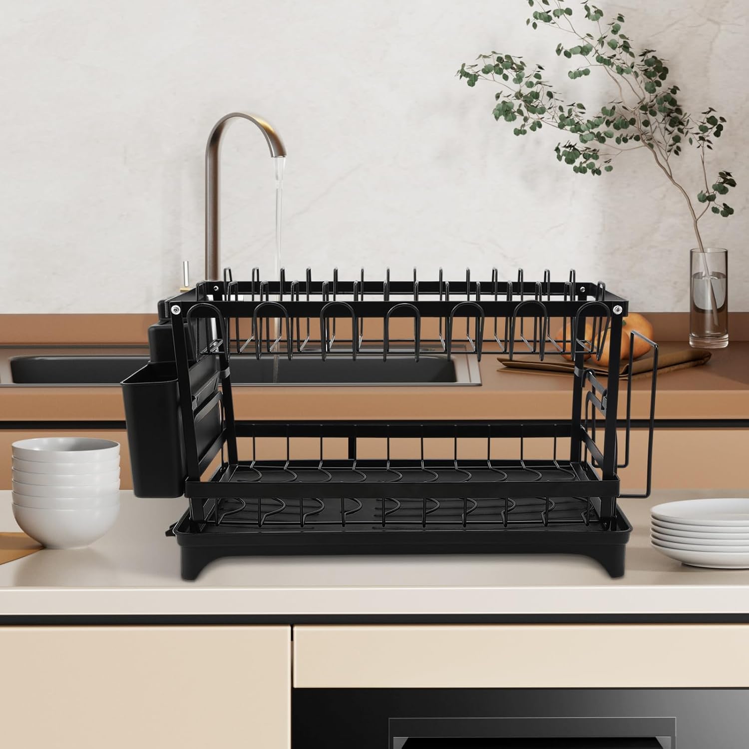 2 Tier Dish Drying Rack,Utensil Holder Kitchen Dish Organizer Shelf With Chopsticks And Chopping Board Holder,Over Sink Kitchen Counter Organizer For Plates Bowls And Cups Black