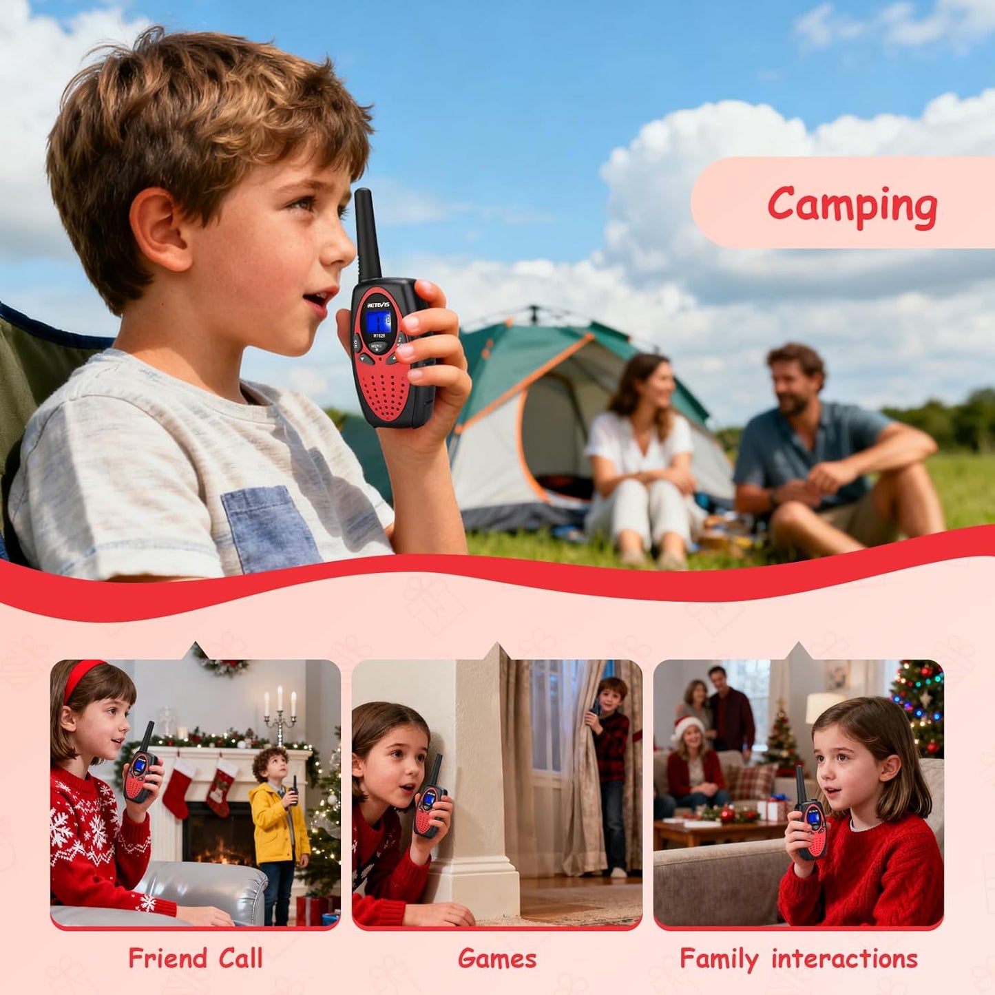 Walkie Talkies for Kids, Long Range VOX Keylock Children Toy Gifts for Birthday and Holiday, Easy to Use for Camping Hiking and Adventure (1 Pair, Red)
