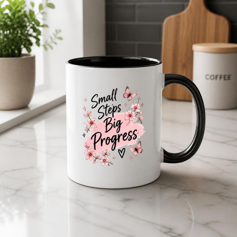 Inspirational Quote Mug "Small Steps Big Progress" Pink Floral Butterfly 325ml Ceramic Coffee Mug Motivational Tea Cup with Cherry Blossoms & Butterflies Graphic Gift | Available in Multicolours | Fast Dispatch by UK Seller (M3030)