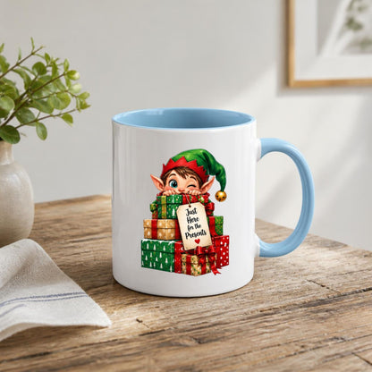 Playful Mug "Just Here for the Presents" Christmas Elf 325ml Ceramic Coffee Mug Cute Holiday Tea Cup with Jingle Bell Hat & Gift Box Tag Gift | Available in Multicolours | Fast Dispatch by UK Seller (M1244)