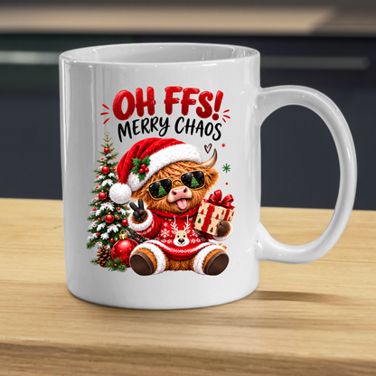 Christmas Highland Cow Mug "Oh FFS! Merry Chaos" Oh FFS! Merry Chaos 325ml Ceramic Coffee Mug – Cute Highland Cow with Santa Hat, Sunglasses, Christmas Sweater & Gift Box | Funny Holiday Gift | Fast Dispatch by UK Seller (M3366)