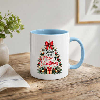 Enchanting Mug "Believe in the Magic of Christmas" Christmas Tree 325ml Ceramic Coffee Mug Festive Winter Holiday Tea Cup with Red Bow, Ornaments & Gift Box | Available in Multicolours | Fast Dispatch by UK Seller (M1265)