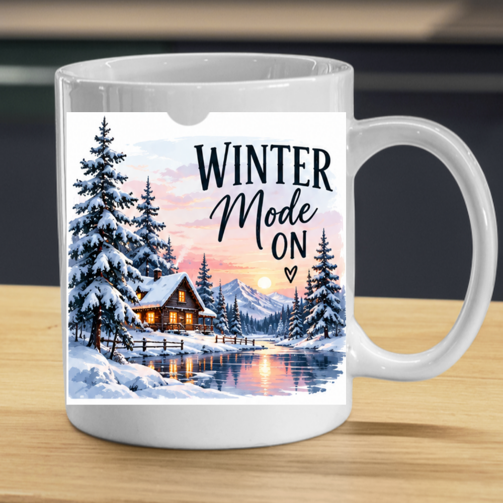 Winter Cabin Mug "Winter Mode On" Winter Mode On 325ml Ceramic Coffee Mug – Cozy Snowy Log Cabin with Winter Landscape, Sunset & River | Festive Holiday Gift | Fast Dispatch by UK Seller (M3402)