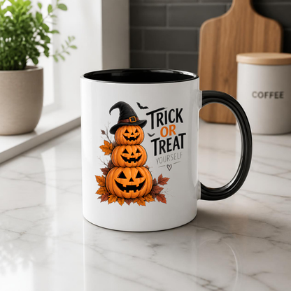 Halloween Mug "TRICK OR TREAT YOURSELF" Pumpkin Tower 325ml Ceramic Coffee Mug Stacked Jack-o'-Lanterns Tea Cup with Witch Hat & Autumn Leaves Graphic Gift | Available in Multicolours | Fast Dispatch by UK Seller (M3082)