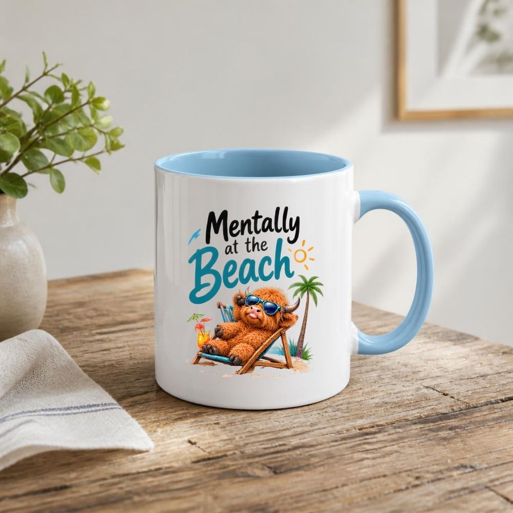 Humorous Mug "Mentally at the Beach" Highland Cow 325ml Ceramic Coffee Mug Funny Summer Holiday Tea Cup with Sunglasses, Deck Chair & Palm Tree Gift | Available in Multicolours | Fast Dispatch by UK Seller (M1288)
