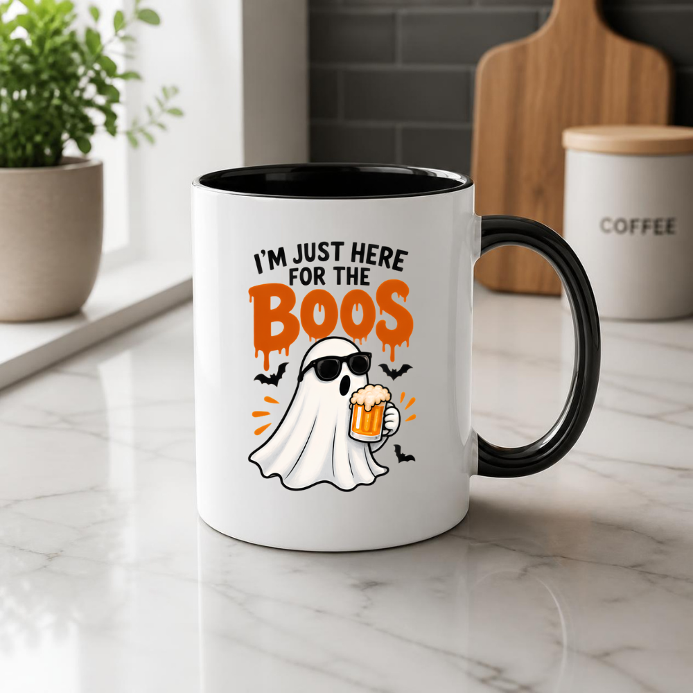 Halloween Mug "I'M JUST HERE For The Boos" Cool Ghost 325ml Ceramic Coffee Mug – Funny Drinking Ghost Tea Cup with Sunglasses & Beer Glass Graphic Gift | Available in Multicolours | Fast Dispatch by UK Seller (M3074)