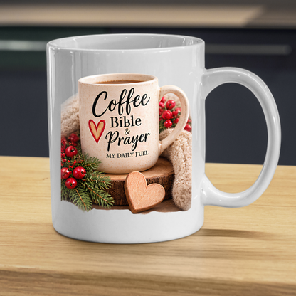 Christian Mug "Coffee Bible & Prayer My Daily Fuel" 325ml Ceramic Coffee Mug – Christian Devotional Mug With Wooden Heart Winter Pine Red Berries Inspirational Gift | Available in Multicolours | Fast Dispatch by UK Seller (M3304)