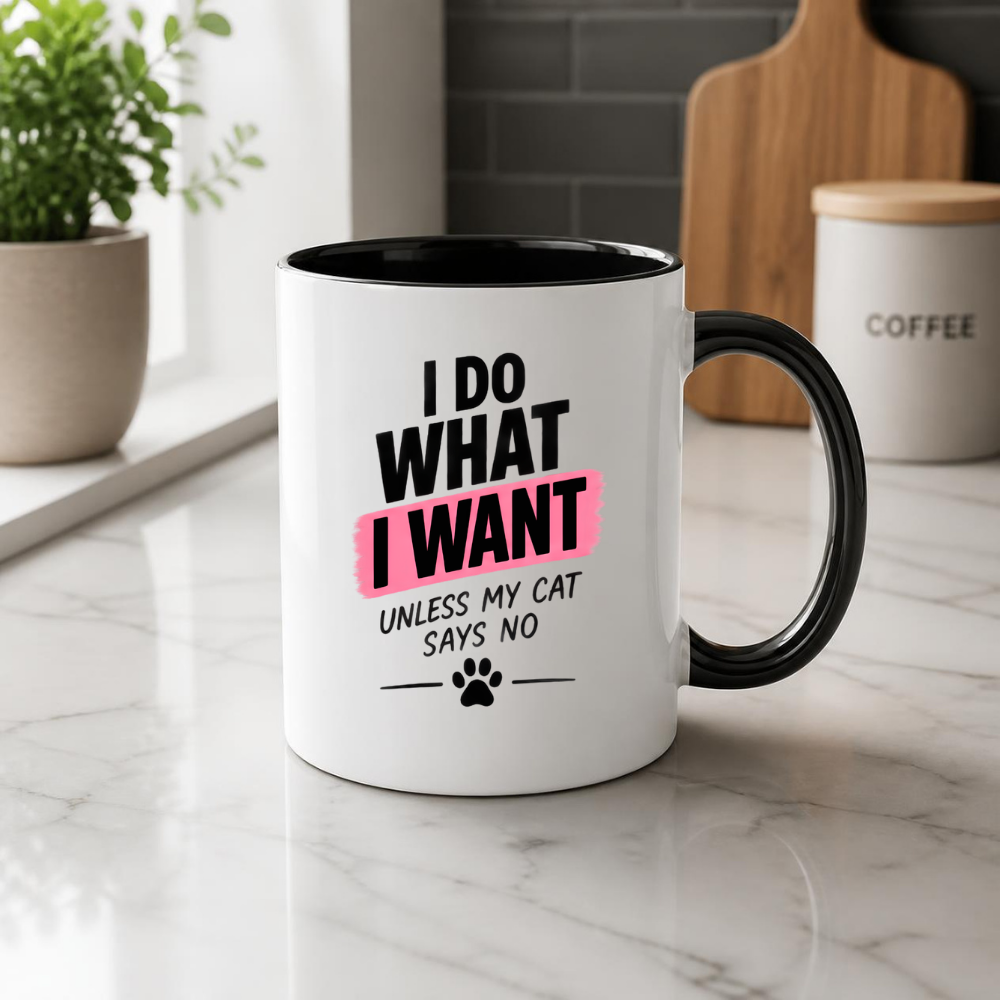 Funny Cat Lover Mug "I DO WHAT I Want Unless My Cat Says No" Paw Print Typography 325ml Ceramic Coffee Mug Sarcastic Pet Parent Tea Cup &