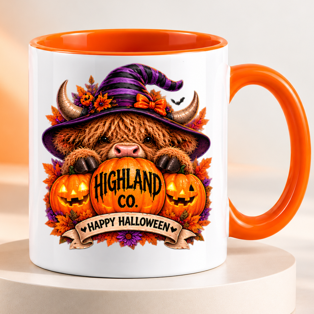 Halloween Mug "Highland Cow Witch Happy Halloween" Highland Cow Witch Happy Halloween 325ml Ceramic Coffee Mug–Cute Halloween Autumn Tea Cup With Highland Cow Striped Witch Hat Graphic Gift | Available in Multicolours | Fast Dispatch by UK Seller (M3214)