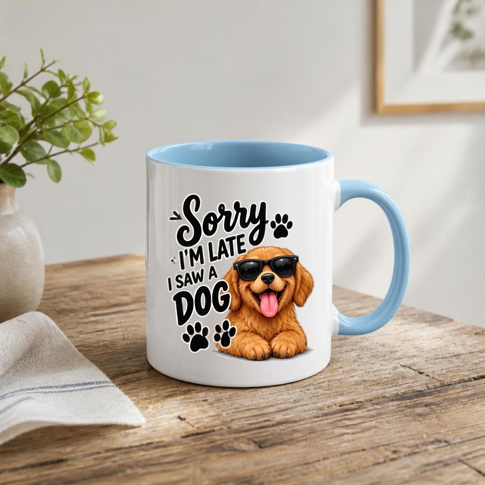 Humorous Mug "Sorry I'm Late I Saw A Dog" Cute Golden Retriever Puppy 325ml Ceramic Coffee Mug – Funny Dog Lover Tea Cup with Sunglasses & Paw Prints Graphic Gift | Available in Multicolours | Fast Dispatch by UK Seller (M1309)