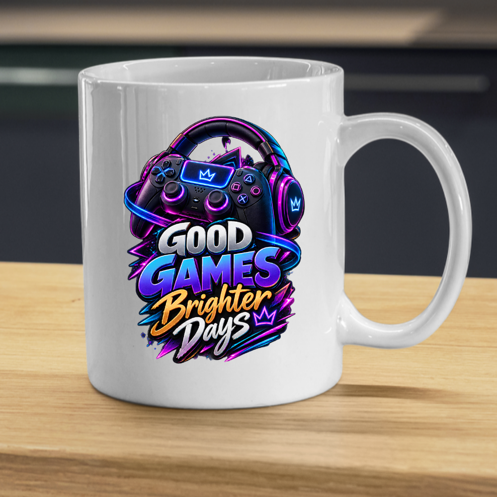 Gaming Mug "Good Games Brighter Days" Good Games Brighter Days 325ml Ceramic Coffee Mug – Neon Headset & Controller Mug with Blue, Purple & Gold Slogan Art | Video Game Gift | Fast Dispatch by UK Seller (M3350)