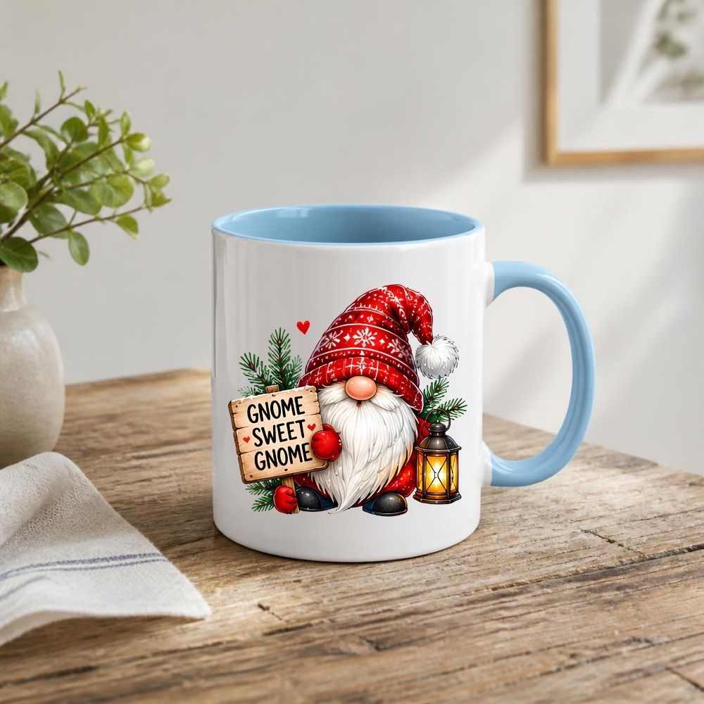 Festive Mug "Gnome Sweet Gnome" Christmas Gnome 325ml Ceramic Coffee Mug Winter Holiday Tea Cup with Lantern, Sign & Red Snowflake Hat | Available in Multicolours | Fast Dispatch by UK Seller (M1275)