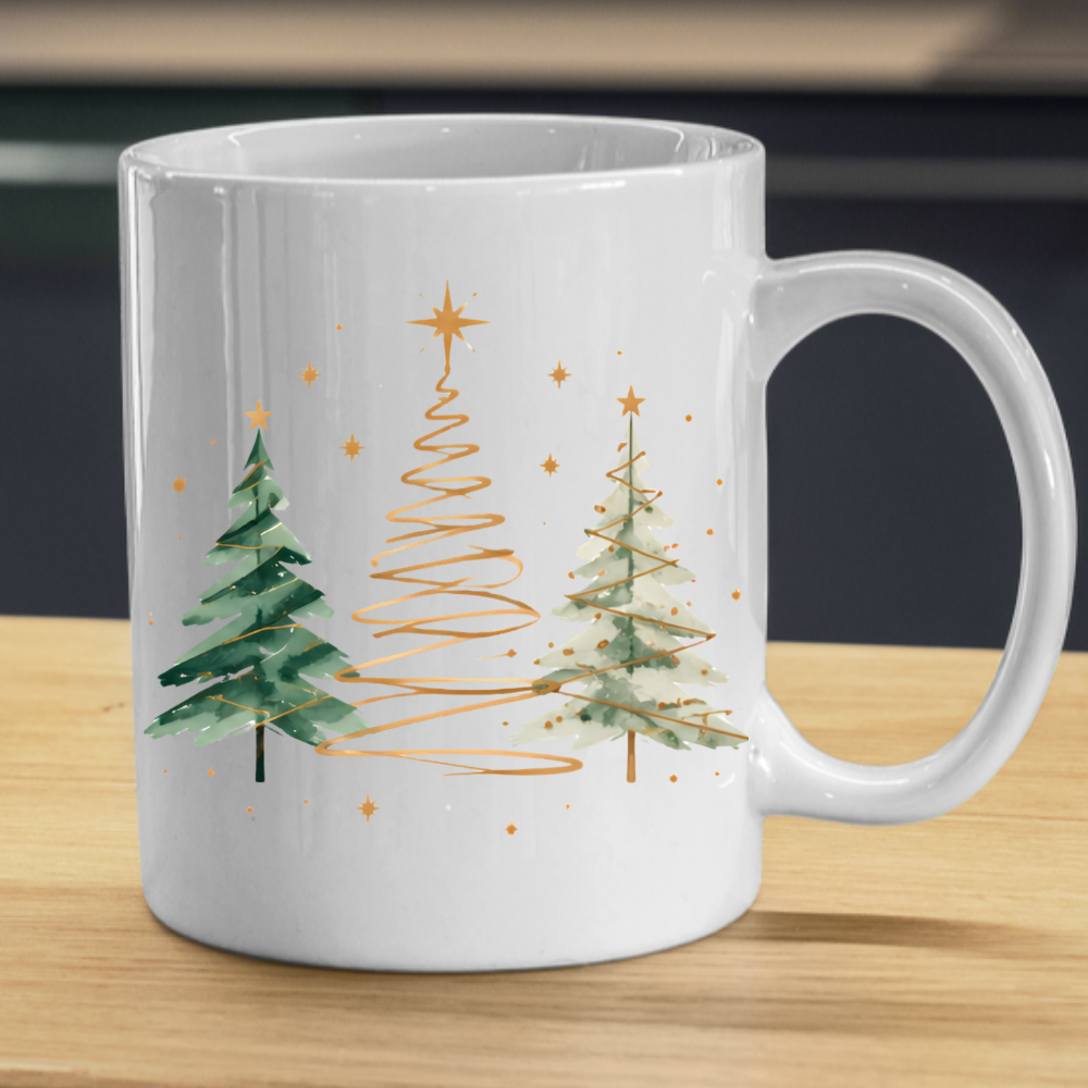 Watercolor Christmas Trees Mug "Minimalist Golden & Green Christmas Trees" Minimalist Golden & Green Christmas Trees 325ml Ceramic Coffee Mug–Watercolor Pine Trees with Gold Swirls & Star Toppers | Festive Holiday Gift | Fast Dispatch by UK Seller (M3413)