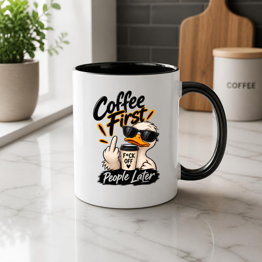Sarcastic Mug "COFFEE FIRST PEOPLE LATER" Cool Duck 325ml Ceramic Coffee Mug Novelty Duck Tea Cup with Sunglasses, Middle Finger & "F*CK OFF" Cup Graphic Gift | Available in Multicolours | Fast Dispatch by UK Seller (M3090)