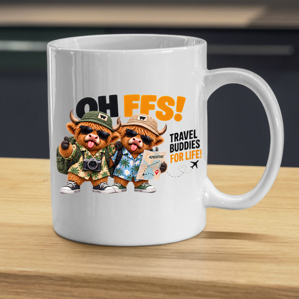 Travel Buddies Highland Cows Mug "Oh Ffs! Travel Buddies For Life!" Oh Ffs! Travel Buddies For Life! 325ml Ceramic Coffee Mug – Cute Highland Cows with Shirts, Backpacks, Camera & Adventure Map | Funny Travel Gift | Fast Dispatch by UK Seller (M3374)