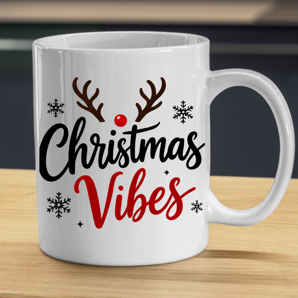 Christmas Reindeer Mug "Christmas Vibes" Christmas Vibes 325ml Ceramic Coffee Mug – Festive Typography Slogan with Brown Reindeer Antlers, Red Nose & Black Snowflakes | Winter Holiday Gift | Fast Dispatch by UK Seller (M3435)