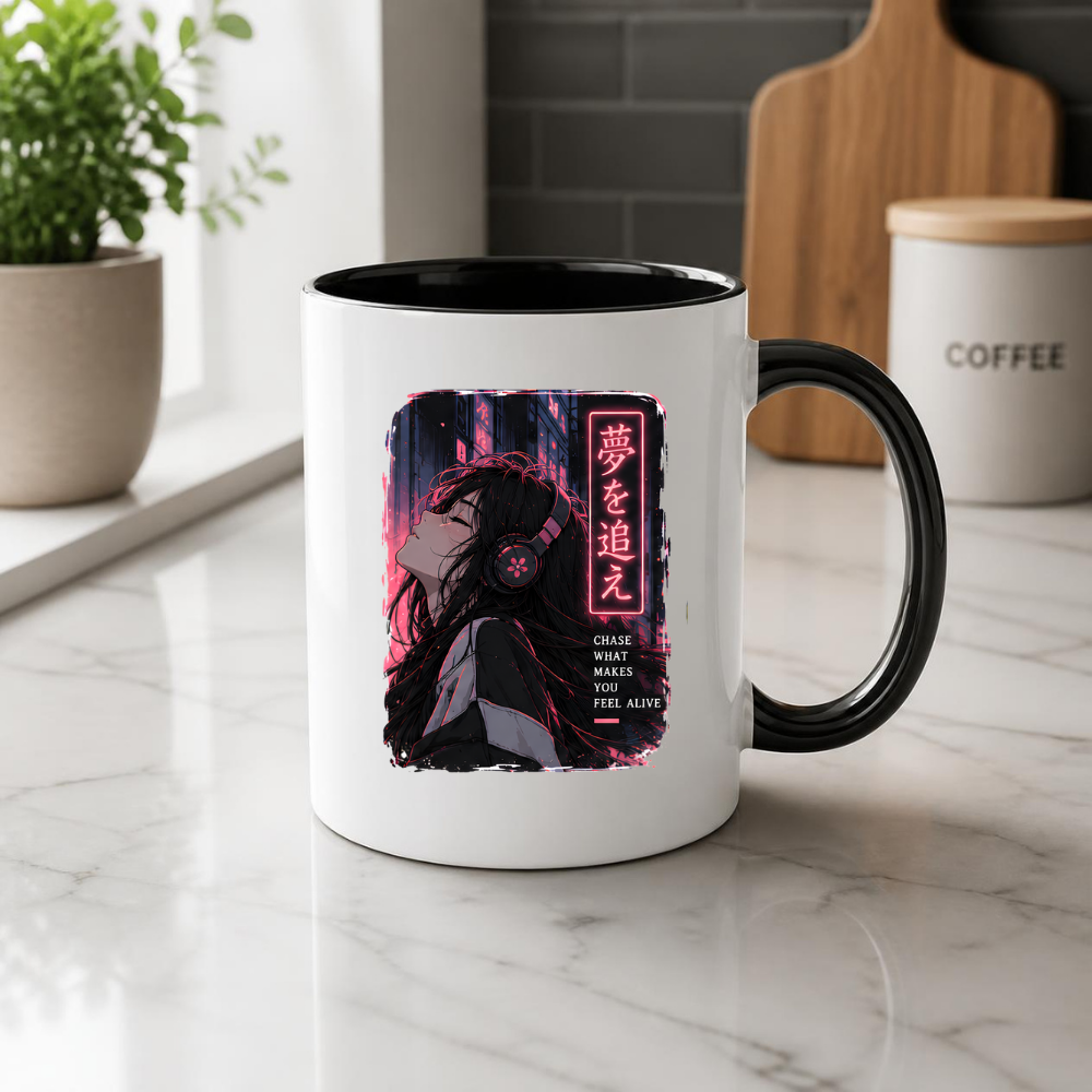 Inspirational Anime Girl Mug "CHASE WHAT Makes You Feel Alive" Cyberpunk Headphones 325ml Ceramic Coffee Mug – Aesthetic Mindful Tea Cup With Japanese Neon Kanji Graphic Gift | Available in Multicolours | Fast Dispatch by UK Seller (M3050)