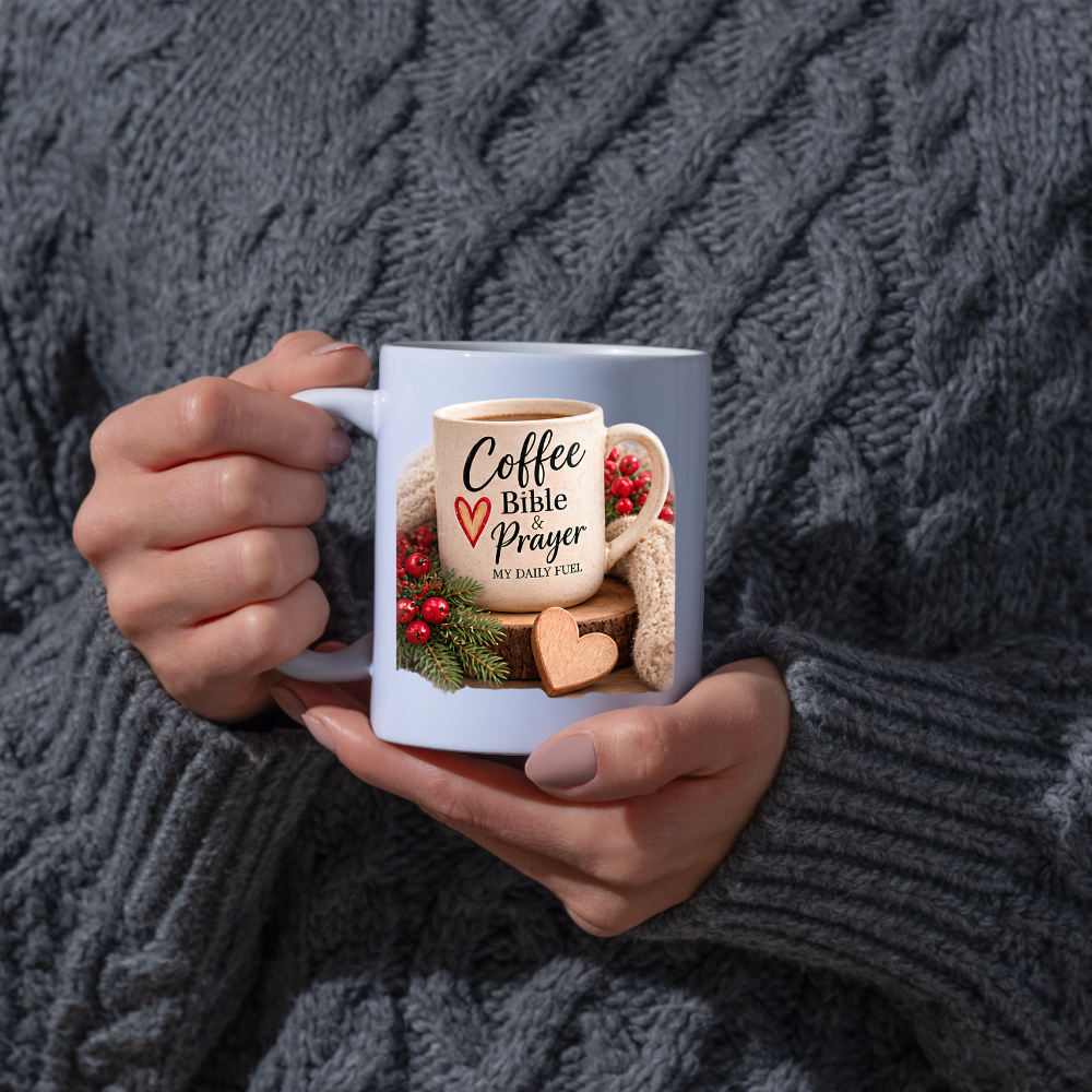 Christian Mug "Coffee Bible & Prayer My Daily Fuel" 325ml Ceramic Coffee Mug – Christian Devotional Mug With Wooden Heart Winter Pine Red Berries Inspirational Gift | Available in Multicolours | Fast Dispatch by UK Seller (M3304)