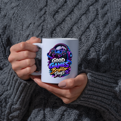Gaming Mug "Good Games Brighter Days" Good Games Brighter Days 325ml Ceramic Coffee Mug – Neon Headset & Controller Mug with Blue, Purple & Gold Slogan Art | Video Game Gift | Fast Dispatch by UK Seller (M3350)