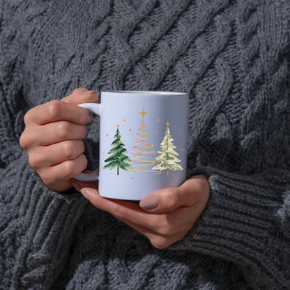 Watercolor Christmas Trees Mug "Minimalist Golden & Green Christmas Trees" Minimalist Golden & Green Christmas Trees 325ml Ceramic Coffee Mug–Watercolor Pine Trees with Gold Swirls & Star Toppers | Festive Holiday Gift | Fast Dispatch by UK Seller (M3413)