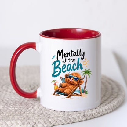 Humorous Mug "Mentally at the Beach" Highland Cow 325ml Ceramic Coffee Mug Funny Summer Holiday Tea Cup with Sunglasses, Deck Chair & Palm Tree Gift | Available in Multicolours | Fast Dispatch by UK Seller (M1288)