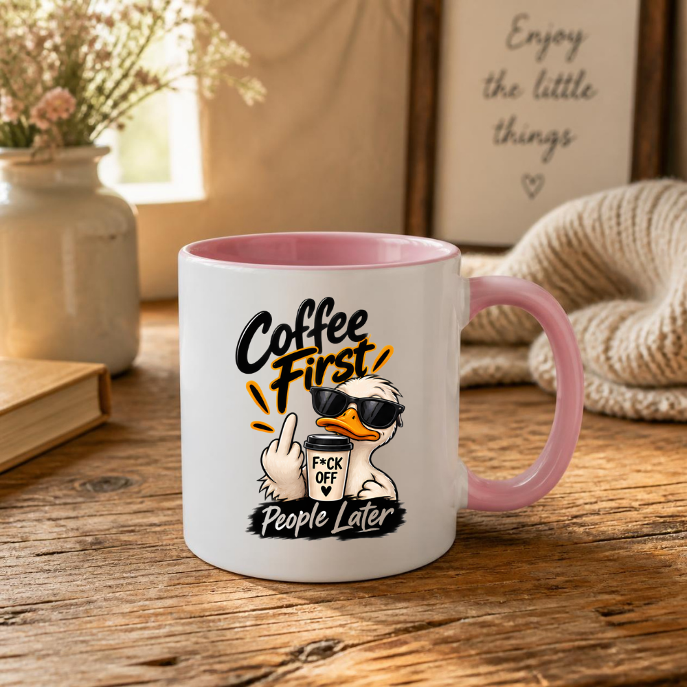 Sarcastic Mug "COFFEE FIRST PEOPLE LATER" Cool Duck 325ml Ceramic Coffee Mug Novelty Duck Tea Cup with Sunglasses, Middle Finger & "F*CK OFF" Cup Graphic Gift | Available in Multicolours | Fast Dispatch by UK Seller (M3090)