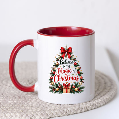 Enchanting Mug "Believe in the Magic of Christmas" Christmas Tree 325ml Ceramic Coffee Mug Festive Winter Holiday Tea Cup with Red Bow, Ornaments & Gift Box | Available in Multicolours | Fast Dispatch by UK Seller (M1265)