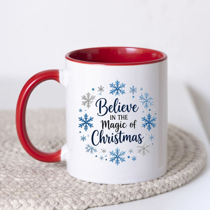 Magical Mug "Believe in the Magic of Christmas" Snowflake Wreath 325ml Ceramic Coffee Mug Festive Winter Holiday Tea Cup with Blue & Silver Snowflakes Gift | Available in Multicolours | Fast Dispatch by UK Seller (M1251)