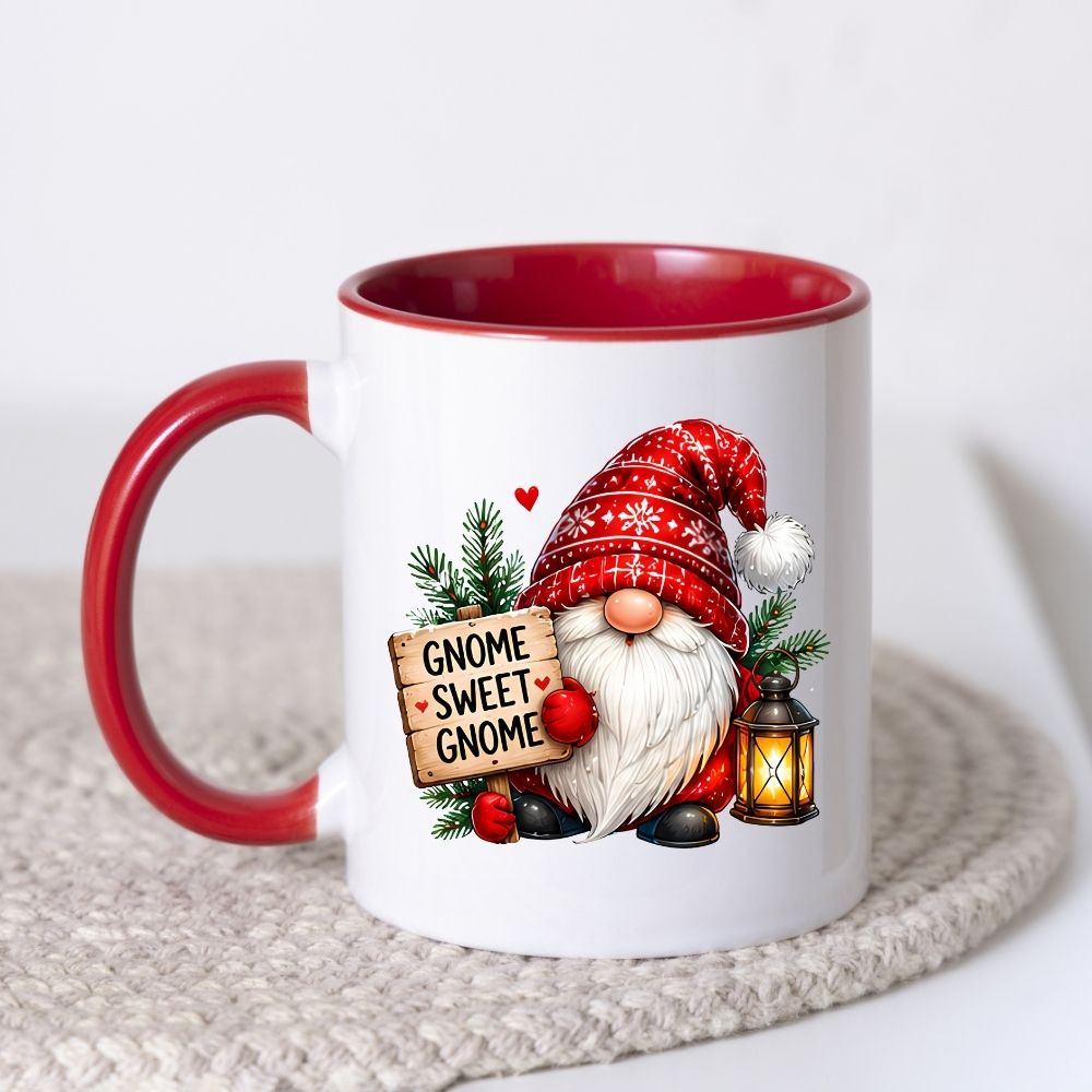 Festive Mug "Gnome Sweet Gnome" Christmas Gnome 325ml Ceramic Coffee Mug Winter Holiday Tea Cup with Lantern, Sign & Red Snowflake Hat | Available in Multicolours | Fast Dispatch by UK Seller (M1275)