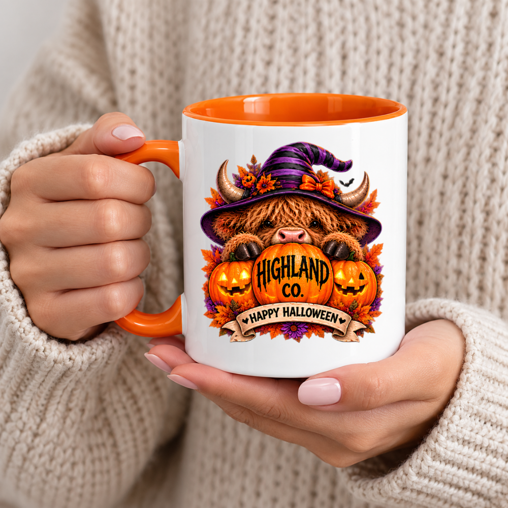 Halloween Mug "Highland Cow Witch Happy Halloween" Highland Cow Witch Happy Halloween 325ml Ceramic Coffee Mug–Cute Halloween Autumn Tea Cup With Highland Cow Striped Witch Hat Graphic Gift | Available in Multicolours | Fast Dispatch by UK Seller (M3214)