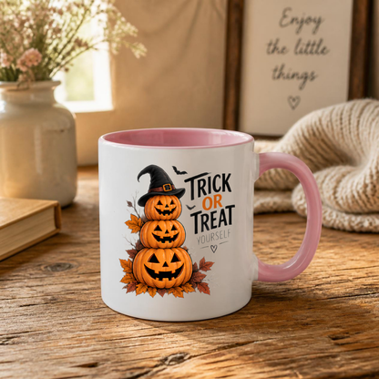 Halloween Mug "TRICK OR TREAT YOURSELF" Pumpkin Tower 325ml Ceramic Coffee Mug Stacked Jack-o'-Lanterns Tea Cup with Witch Hat & Autumn Leaves Graphic Gift | Available in Multicolours | Fast Dispatch by UK Seller (M3082)