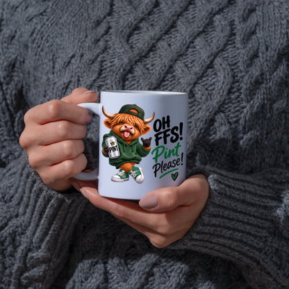 Highland Cow Pint Lover Mug "Oh FFS! Pint Please!" Oh FFS! Pint Please! 325ml Ceramic Coffee Mug – Cute Highland Cow in Green Hoodie & Cap Holding Pint Can with Rock On Sign | Funny Gift | Fast Dispatch by UK Seller (M3392)