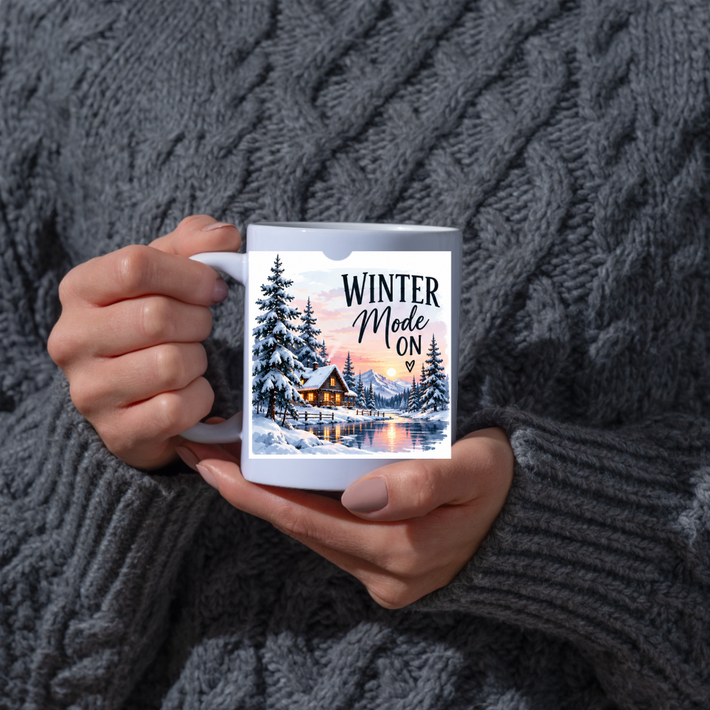 Winter Cabin Mug "Winter Mode On" Winter Mode On 325ml Ceramic Coffee Mug – Cozy Snowy Log Cabin with Winter Landscape, Sunset & River | Festive Holiday Gift | Fast Dispatch by UK Seller (M3402)